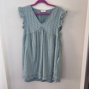 Entro Eyelet Babydoll Dress Ruffle Sleeve V Neck Casual Sage‎ Green L
